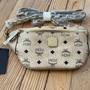 MCM Tan Crossbody Bag with Logo Print